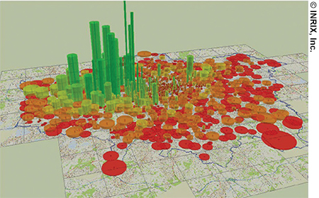 A map depicting real-time traffic congestion data. Differently colored dots are overlaid on the map to show different levels of congestion (most of the congestion is in the center of the map).