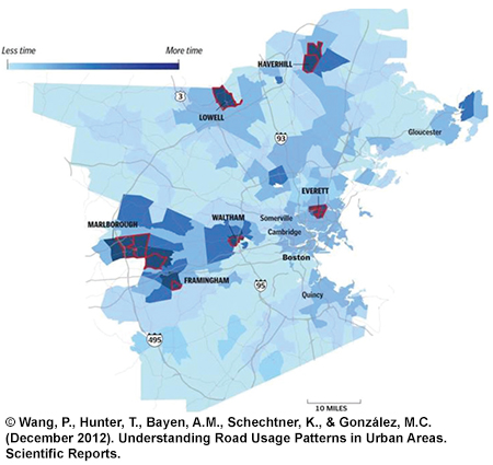 Map of the Boston metropolitan area. The map depicts the amount of time users spend on the road based on cellphone data, illustrating varying levels of congestion. Areas on the map colored light blue indicate less time in traffic, while areas in darker blue indicate greater traffic time. Boston had a moderate amount of congestion, while suburbs such as Marlborough and Haverhill had greater levels of congestion.