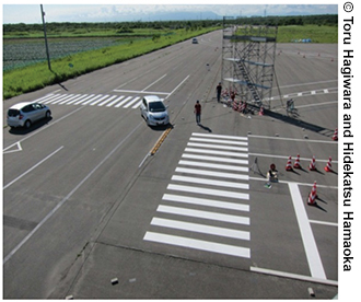 Photo of a pedestrian-crossing scenario conducted on a test track.