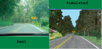 Photo of a curve in the road from the driver's point of view next to a simulation of the same curve. In the photo of the real driving situation, there is glare from the sun, and some of the road signs are obscured by foliage. In the simulation, there is no glare and all of the signage is clearly visible to the driver.