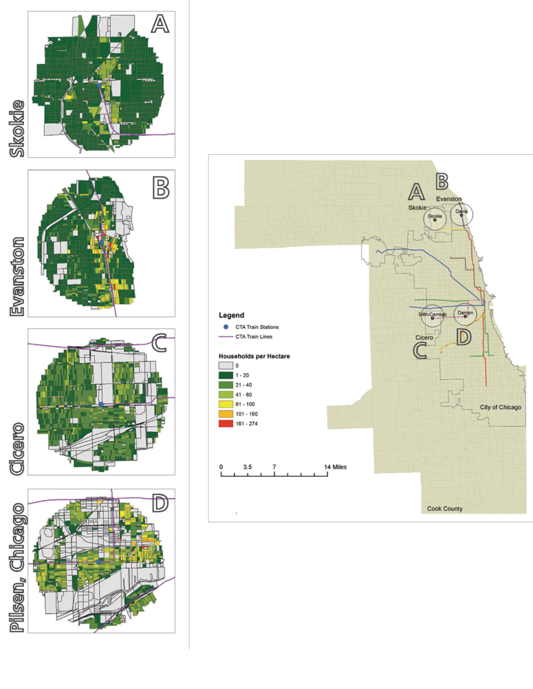 Map of the metropolitan Chicago area with the letters A, B, C, and D superimposed over it. The letters represent the four neighborhoods covered in the study: A (Skokie), B (Evanston), C (Cicero), and D (Pilsen). The map also shows the various Chicago Transit Authority (CTA) train lines and stations that serve these areas. To the left of the map are smaller color-coded maps of each of the neighborhoods that depict the household density of each area (Skokie is the densest, followed by Evanston, Cicero, and Pilsen).