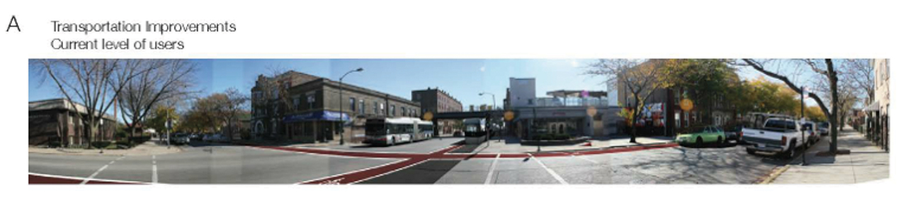 Image of a sample page of the survey booklet sent to respondents as part of the study. The sample page provides questions that the interviewer would ask the survey respondents via telephone about the proposed improvements to the West Cullerton Street and South Damen Avenue approach to the Hoyne/Damen CTA Station. The sample page is accompanied by a photo of the intersection in question with the proposed improvement (brightly colored bike lanes) superimposed over the photo. Respondents are asked to answer a series of questions regarding factors such as travel time, transit mode frequency, and cost and how these factors determine transportation mode choice when going to the Hoyne/Damen CTA Station. 