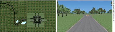 Two screen shots show a bird’s eye view (left) and a driver’s view (right) of a roadway. Both images are taken from a computer simulation.