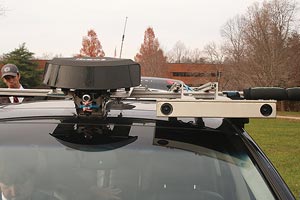 Camera and LIDAR equipment mounted on the roof of the test vehicle.