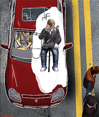 Illustration of a traffic scene showing a driver in a red car from above.