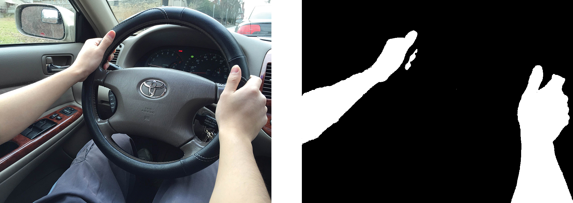 On the left is a photograph of a pair of hands on a steering wheel inside a car; on the right is a black-and-white image of the same hands.