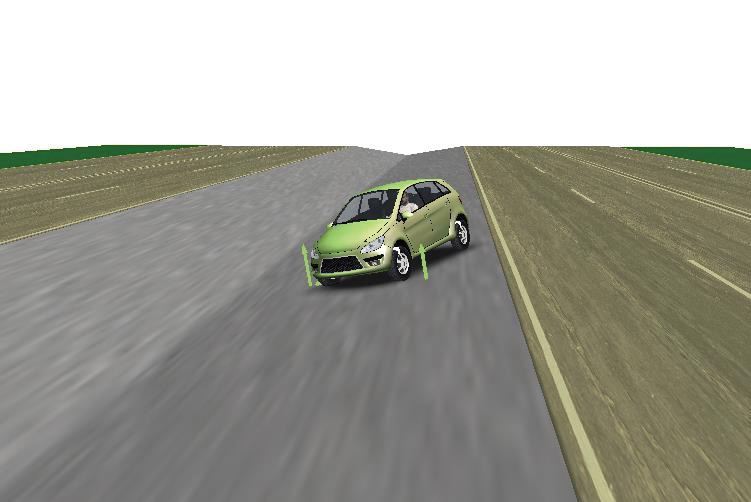 A screen shot of a computer simulation showing a green compact car at an approximately 45-degre angle pointing down a sloped surface next to the highway.