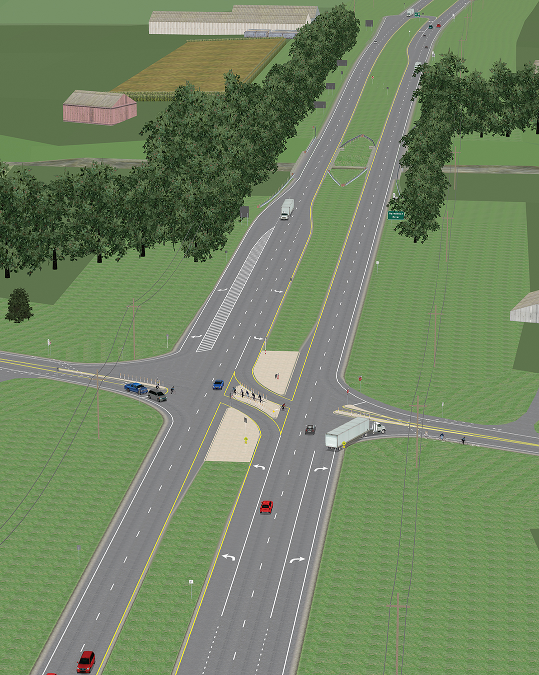 A screen capture of a computer simulation of an intersection. The screen capture provides a birdâ€™s eye view of an intersection, with two lanes of traffic flowing each way. Both directions also have left and right turn lanes and a central median divides the two. Vehicles, including cars and trucks, are shown traveling in both directions as well as entering and leaving the intersection.