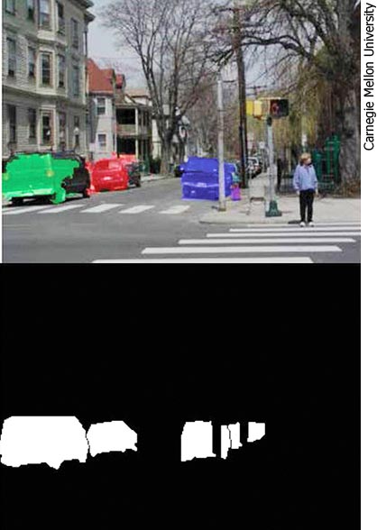 Graphic. Two images captured with two different object-detection tools of the same urban scene of cars parallel parked on a street. The first image is a photo of the scene, where four of the detected parked cars have each been highlighted in a different color (red, green, purple, and blue). The second image is a black-and-white graphic depiction of the same parked cars, this time with the detected cars highlighted in white against a black background. Only the detected parked cars are shown in the black-and-white graphic; the other objects in the scene are not visible. However, the images of the two cars on the right are obstructed by the presence of street lamp poles, which break up the images of those cars and make them more difficult to detect.