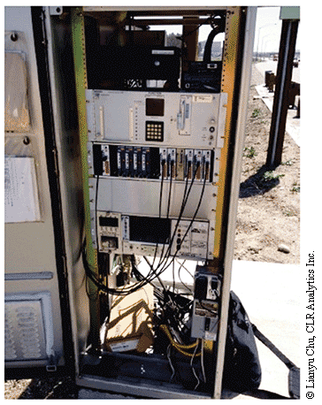 A photo of a traffic controller cabinet. The cabinet is open and shows the cards and cables inside.