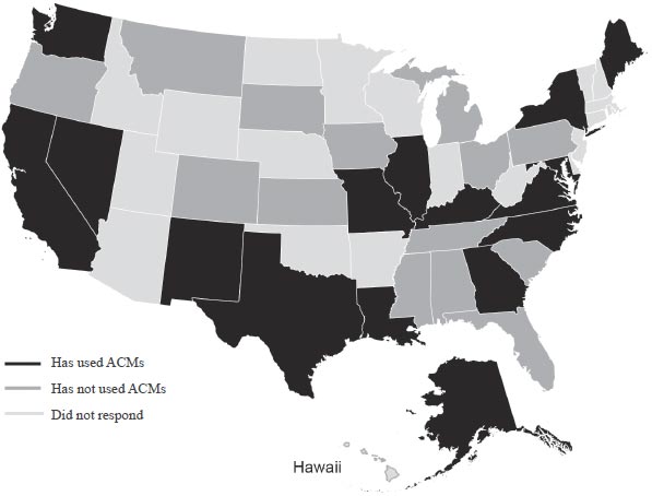 Graphic. Grayscale map of the United States (including Alaska and Hawaii) that represents the American Association of State Highway and Transportation Officials’ survey on ACM usage by state. States depicted in black (14 states) indicated that they did use ACMs; states depicted in gray (13 states) indicated that they had not used ACMs; the remaining 23 states (depicted in light gray) did not respond to the survey.