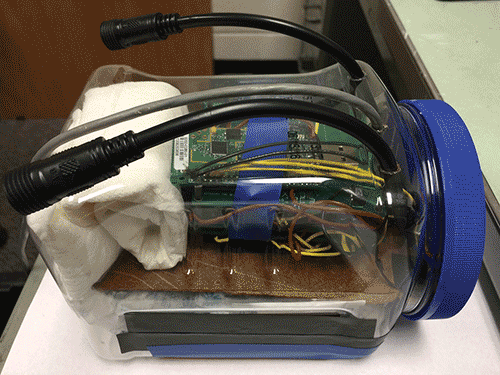 Photo. A close-up view of the in situ sensors powered by microbial fuel cells and used to remotely monitor water quality in a stream in Bozeman, MT. Multi-colored electrical wires are contained in a plastic jug-like container with a blue lid. Cotton-like material is packed around the left end of the wires. Two black handle-like attachments are visible on the top of the container.