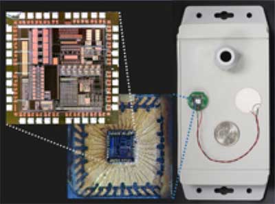 Photograph shows printed circuit board, inset enlargement of piezoelectric floating gate chipset, and metal housing to mount sensor on structure.