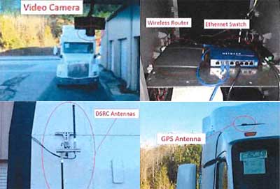Group of four photographs. Top left photo shows a tractor trailer truck with a video camera mounted on the driver side of the cab roof. Top right photo shows a wireless router and an ethernet switch box with network cables attached. Bottom left photo shows a dedicated short-range communications antenna attached to a truck body. Bottom right photo shows a GPS antenna attached to the passenger side of a truck cab roof.