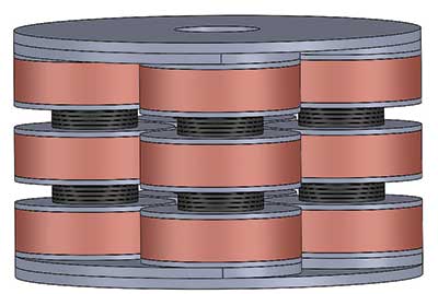 Drawing shows a bearing with disc-shaped upper and lower plates. Between the plates are cylindrical columns of alternating rubber and steel layers sandwiched between electromagnets.