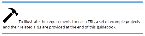 To illustrate the requirements for each TRL, a set of example projects and their related TRLs are provided at the end of this guidebook.