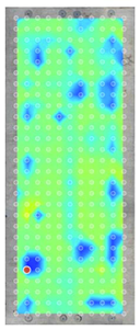 Illustration. The illustration shows the results of using a nondestructive test on a virtual bridge. Users can tell by the various colors where there might be damage inside the concrete of the virtual bridge.