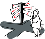 drawing of a man in front of a street sign pointing in various directions