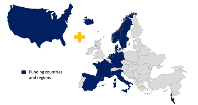 This is a map showing the United States and Europe with the following countries in blue indicating that they are the funding countries -- the Netherlands, Germany, Denmark, Norway, Sweden, Iceland, Spain, France, Italy, Israel and USA