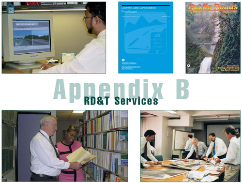 Appendix B: RD&T Services, 5 photos: computer monitor, research publication cover, Public Roads issue, library, meeting