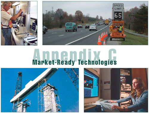 Appendix C:Market-Ready Technologies, 4 photos included: lab, changeable speed limit sign, bridge contruction, computer