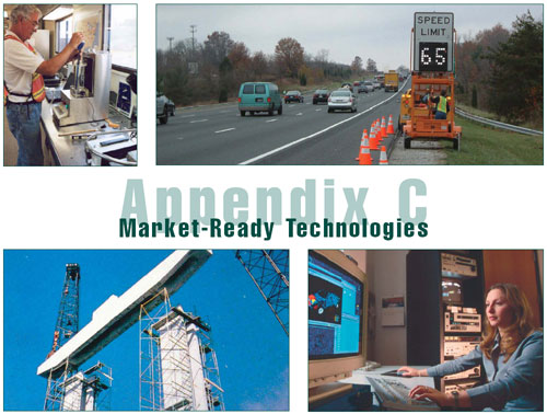Appendix C:Market-Ready Technologies, 4 photos included: lab, changeable speed limit sign, bridge contruction, computer