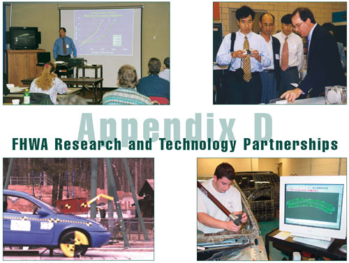 Appendix D: FHWA Research and Technology Partnerships, 4 photos included: presentation, tour, crash test, lab