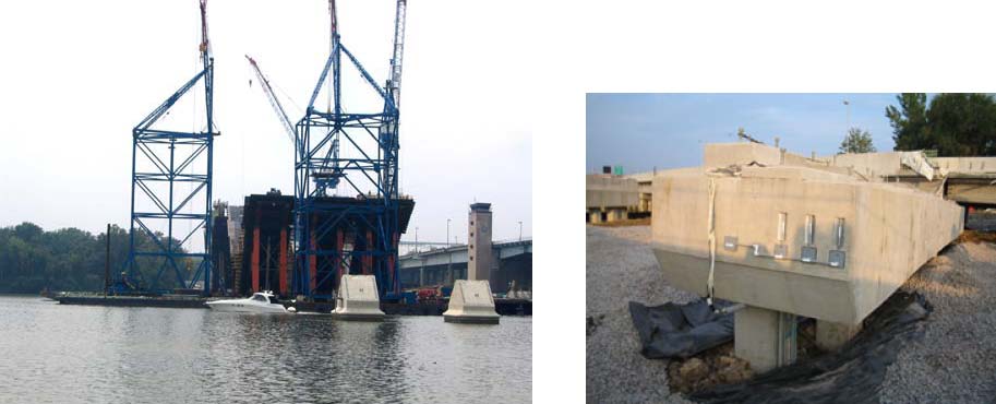 (Left) Construction of the Woodrow Wilson Bridge, outside of Washington, DC. (Right) An instrumented concrete pile and cap collects strain and acceleration data.