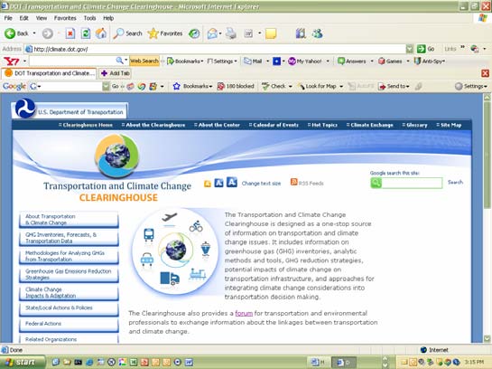 Screen shot of the Transportation and Climate Change