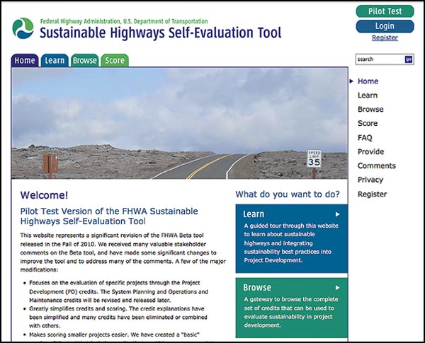 A screenshot of FHWA's Sustainable Highways Self-Evaluation Tool page at www.sustainablehighways.org.