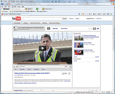Screenshot of the FHWA YouTube page at www.youtube.com/user/USDOTFHWA?feature=mhum. The page features National Work Zone Awareness Week Kickoff 2011.