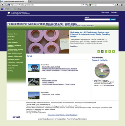 Screenshot of the FHWA Research and Technology Web page at www.fhwa.dot.gov/research/. The partial page shows the Asphalt Binder Cracking Device, the Long-Term Pavement Performance Program Standard Data Release #25 DVD, and other links.