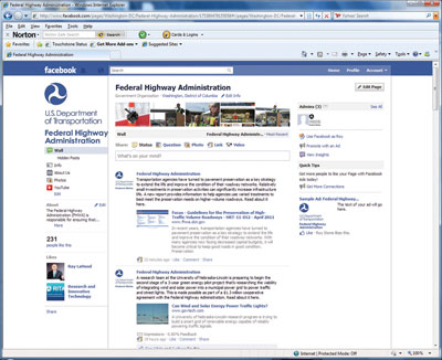 Screenshot of the FHWA Facebook wall at www.facebook.com/pages/Federal-Highway-Administration/175380479155058.