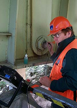 A stock photo shows a worker using an Ultrasonic system to inspect a bridge using nondestructive evaluation.