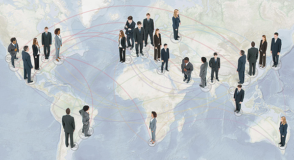 Photo. Extending across the tops of both pages 3 and 4 is an image of men and women in business suits standing on a map of the northern hemisphere. There are light red lines crisscrossing the map and acting as a visual representation of interconnectedness.