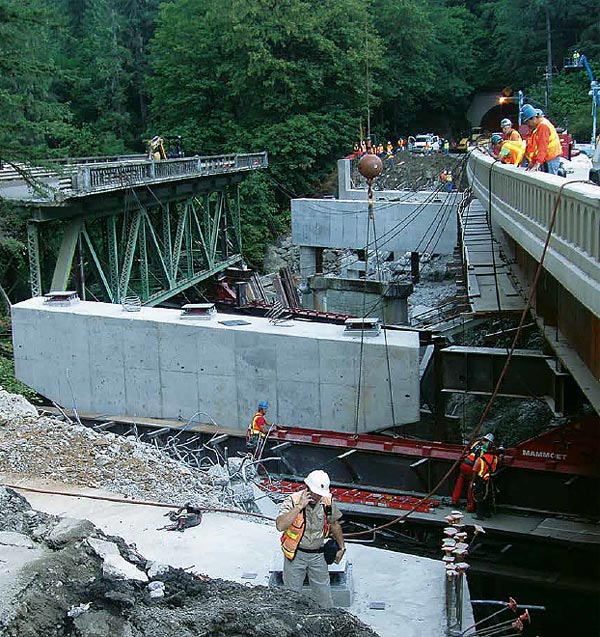 This figure shows how the construction of detour bridges at this location was impossible since these bridges were only a short distance (50 to 70 feet) from either end of the Elk Creek Tunnel in Oregon. With these severe limitations, the only viable alternative available was to remove and replace the bridges using hydraulic sliding system (HSS), an innovative rapid bridge replacement technique. (Image source: FHWA)
