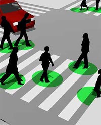 This figure shows how cameras on traffic signals linked to connected vehicles can alert drivers to pedestrians or bicyclists in a crosswalk, improving safety and mobility for all. (Image: FHWA)
