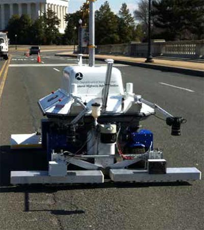 This figure shows the RABIT™ bridge deck assessment tool, which is eight times faster than conventional methods at collecting data on the conditions of a bridge’s deck and subsurface. (Image source: FHWA)