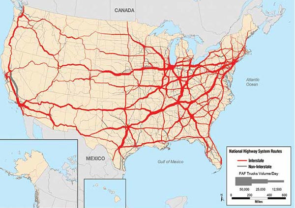 This figure illustrates how long-haul freight traffic in the U.S. is concentrated along major routes between population centers, ports, border crossings, and other major activity hubs. (Image source: FHWA)
