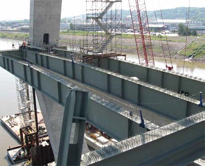 This figure shows FHWA’s Highways for LIFE program supported the placement of the pier table on the deck of the Christopher Bond Bridge through an innovative design build procurement process, providing cost savings and flexibility in the bridge construction schedule. (Image source: FHWA)