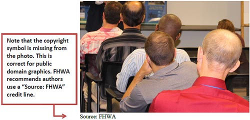 The photo is of an audience watching a presentation and is an example of copyright treatment of a photo in the public domain. The significance of the photo is that directly below the photo, it shows “Source: FHWA” as the photo credit for this public domain photo.