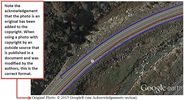 The photo is of a Google® Earth™ map showing red and blue lines indicating modifications performed on the map by the research study. The photo depicts an example of a photo with the copyright owned by a non-Federal organization that was modified by the research team. The significance of the photo is that directly below the photo, it shows the following copyright credit “Original Photo: Copyright: 2015 Google® (with registered tradmark symbol) (see acknowledgements section).” The acknowledgements section contains the following information: “The original map is the copyright property of Google® Earth™ and can be accessed from https://www.google.com/earth. The map overlays showing the incorrect longitudinal placement of centerlines were developed as a result of this research project. The overlays include red and blue lines showing the incorrect placement of centerlines.” In addition, because the photo was previously published by the organization, a non-Federal Government agency, the photo caption shows a reference number that corresponds to a reference citation on the reference list. 