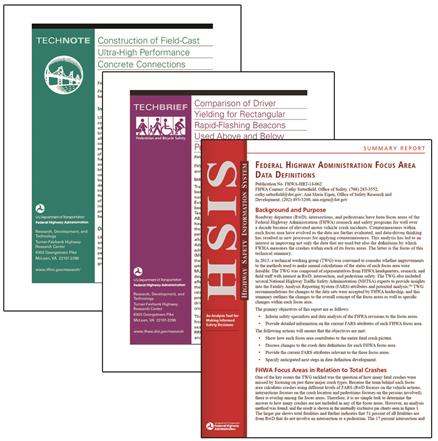 This figure shows a cascade of TechBrief, summary, and technical note covers on documents published by the Federal Highway Administration.