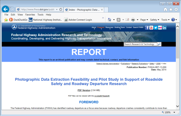 This screen shot shows an example of a HyperText Markup Language version of a Federal Highway Administration research report with a blue banner at the top of the page indicating that the publication may contain dated technical, contact, and link information. 