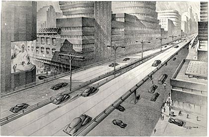 Plate VIII: An elevated section of the interregional system as it might be built according to the standards proposed, with central exit ramps and lateral entrance ramps. The sketch suggests the manner in which new properties might conform to curving lines of the expressway in widened sections at access points, and a shop window at the elevated level dressed appropriately with the kind of large display that would be needed for comprehension by express traffic.