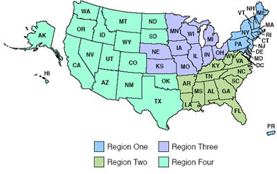 Map showing the RAC regions: Region One includes CT, DC, DE, MA, MD, ME, NH, NJ, NY, PA, PR, RI and VT. Region Two includes AL, AR, FL, GA, KY, LA, MS, NC, SC, TN, VA and WV. Region Three includes IA, IL, IN, KS, MI, MN, MO, NE, OH, and WI. Region Four includes AK, AZ, CA, CO, HI, ID, MT, ND, NM, NV, OK, OR, SD, TX, UT, WA and WY.