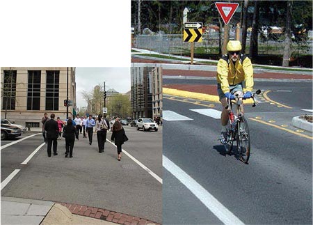 Graphic 1: Photo of pedestrians walking in a crosswalk across a multi-lane road. Graphic 2: Photo of a bicyclist wearing a helmet and riding through an intersection.