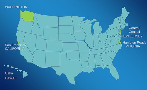 Map of the United States showing Climate Change Vulnerability and Risk and Assessment Pilot locations to include Washington; Central Coastal, New Jersey; Hampton Roads, Virginia; Oahu, Hawaii; San Francisco, California.