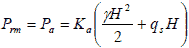 P subscript rm equals P subscript a equals K subscript a times open parenthesis gamma times H squared divided by 2 plus q subscript s times H closed parenthesis.