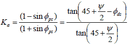 K subscript a equals open parenthesis 1 minus sin times phi subscript ps closed parenthesis divided by open parenthesis 1 plus sin times phi subscript ps closed parenthesis equals tan times open parenthesis 45 plus psi divided by 2 minus phi subscript ds closed parenthesis divided by tan times open parenthesis 45 plus psi divided by 2 closed parenthesis.